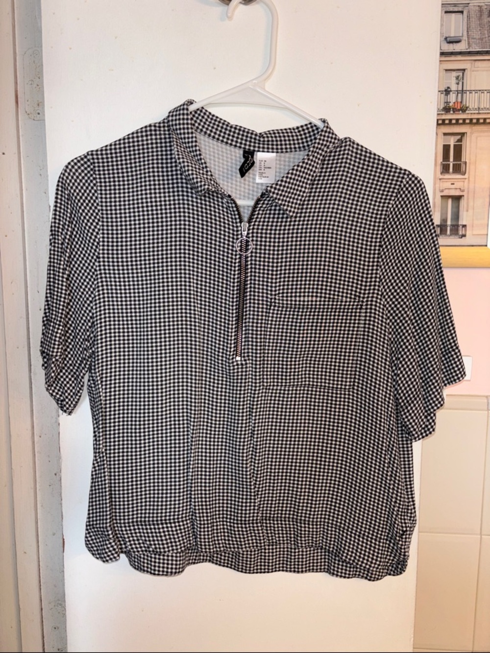 Divided Black and White Gingham Short Sleeve Zip Front Top